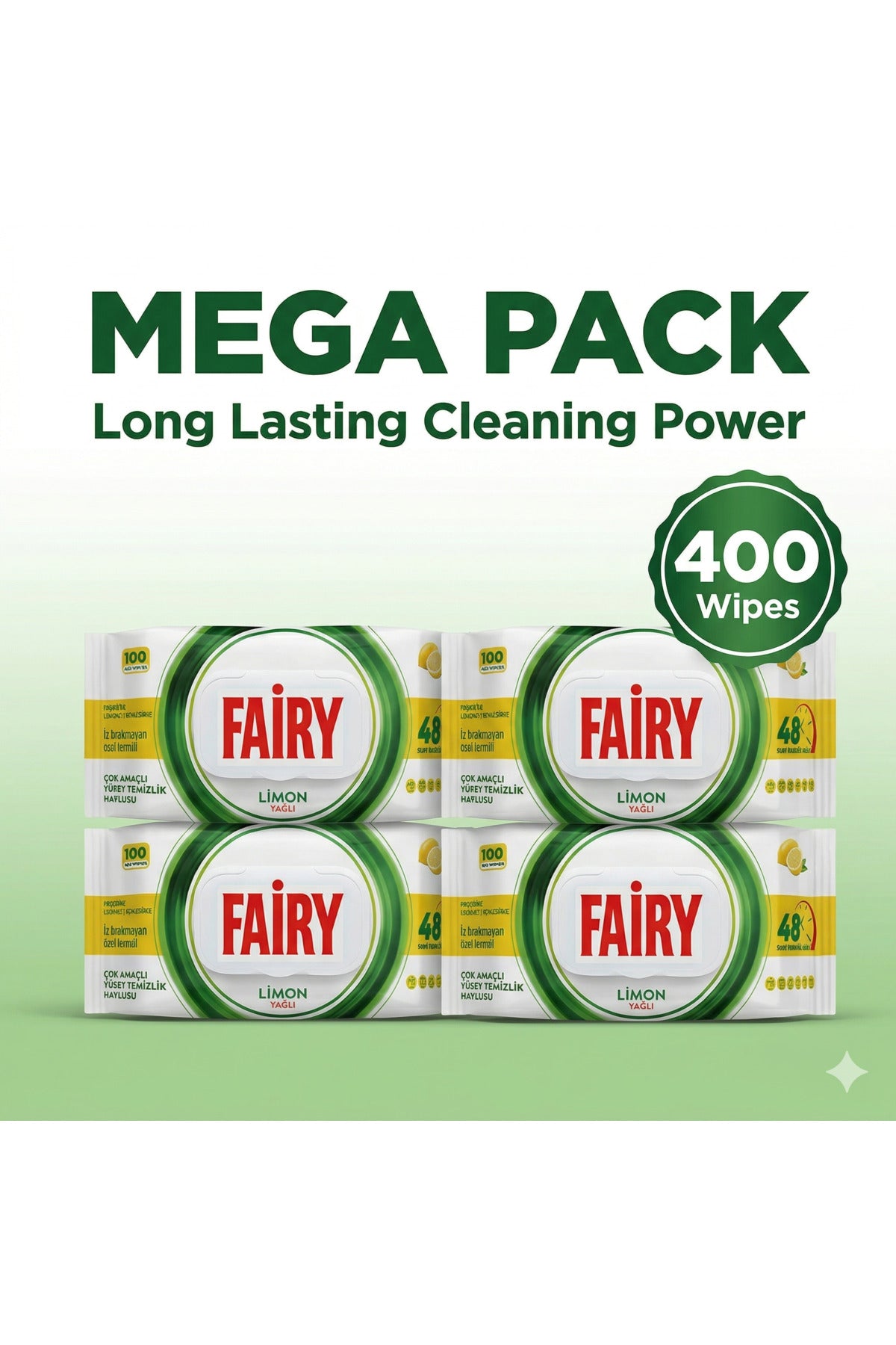 Lemon Scented Surface Cleaning Wipes x4 Pack (Total 400 Wipes)