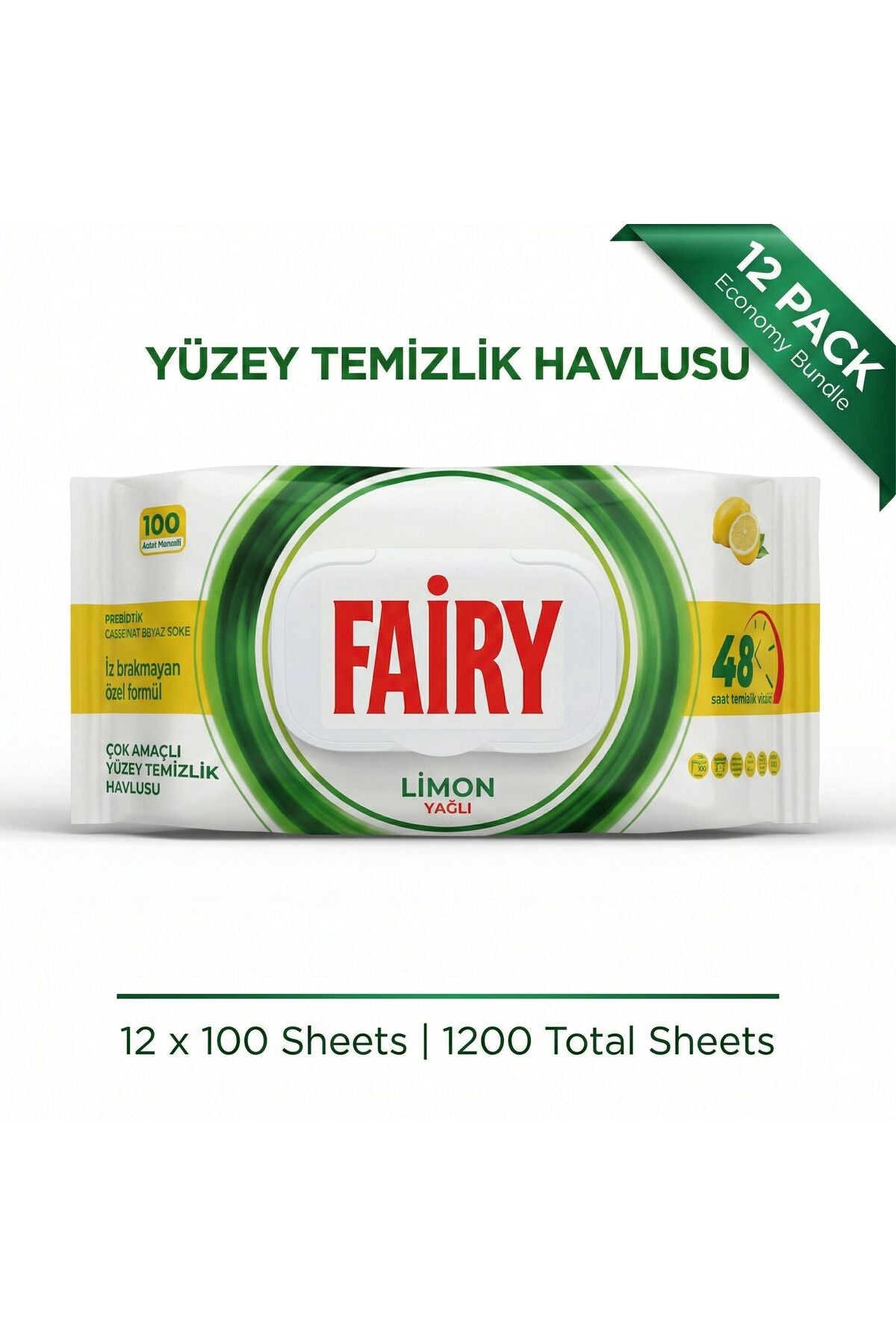 Surface Cleaning Wipes, Lemon Scent, 12 Pack (100 Wipes Each, Total 1200 Wipes)