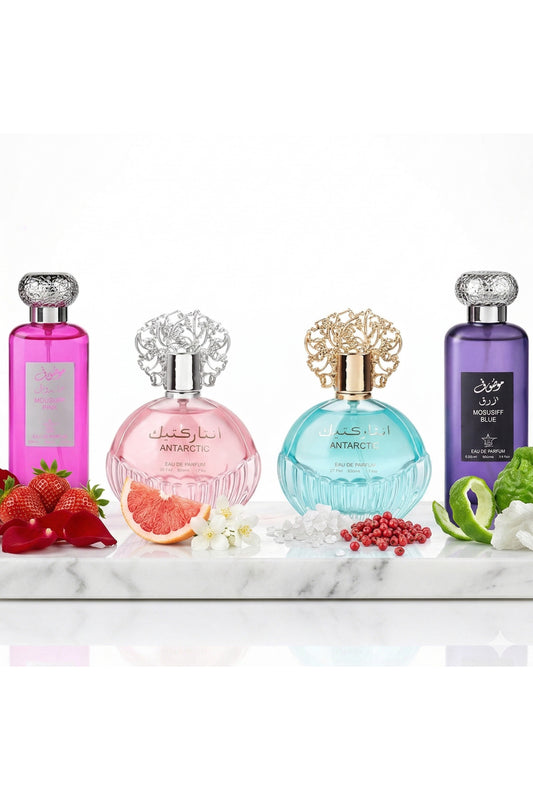 Set of 4 Oriental Perfumes (2xWoman + 2xMan) 100ML - Mousuff Pink + Antarctic Pink + Antarctic Blue + Mousuff Blue