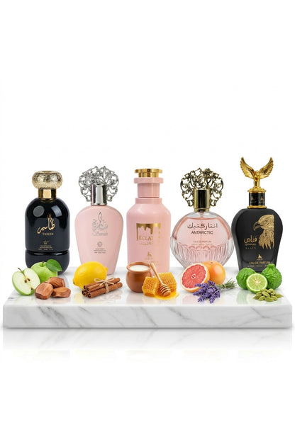 Set of 5 Oriental Perfumes (3xMan + 2xWoman) - Taseer + Sarah + Eclat + Antarctic Pink + Qannas Black