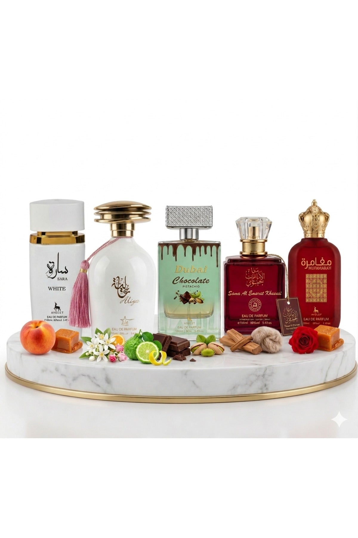 Set of 5 Oriental Women Perfumes 100ML - Sara White + Aliya + Dubai Chocolate + Sama Emarat Khususi + Mufamarah