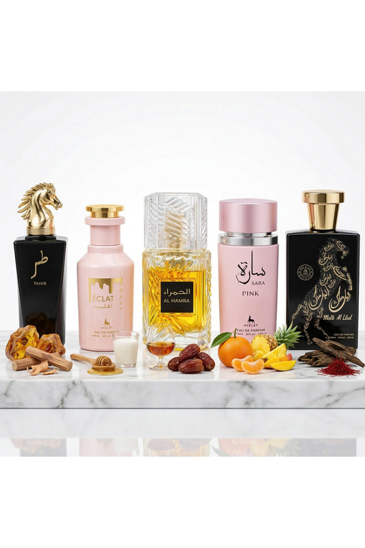 Set of 5 Oriental Perfumes (3xMan + 2xWoman) 100ML - Tahir + Eclat + Al Hamra + Sara Pink + Malik Al Lail