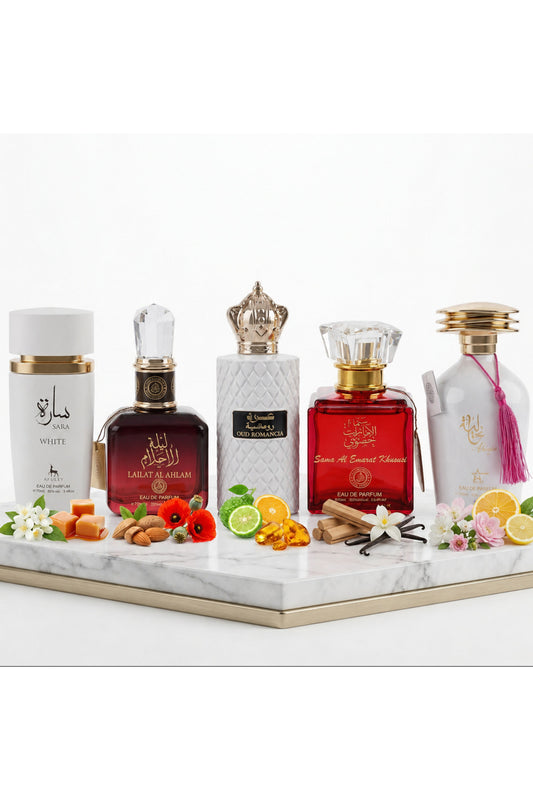 Set of 5 Oriental Perfumes for Women 100ML - Sara White + Lailat Al Ahlam + Oud Romancia + Sama Al Emarat Khususi + Alyia